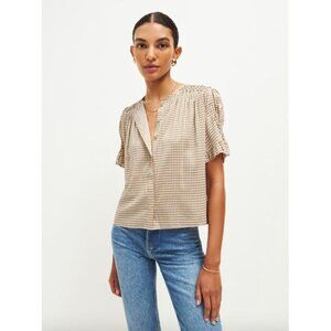 Reformation tan white gingham Anzo Check Adeline smocked short sleeve blouse Top